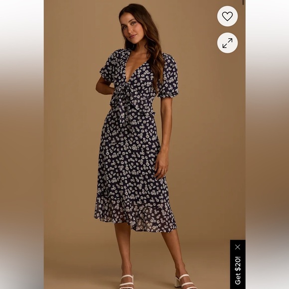 Lulus Anything Lovelier Navy Blue Floral Print Tiered Midi Dress Size S - Picture 1 of 10